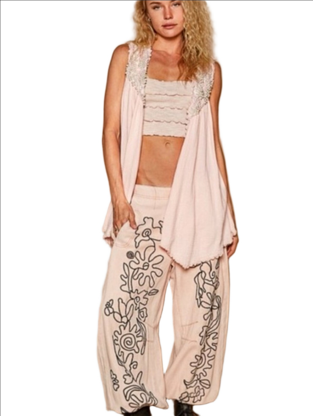 🩷POL BLUSH PINK LACE GAUZE COTTON SLEEVLESS CARDIGAN TUNIC EMBELLISHED PEARLS - Picture 8 of 16